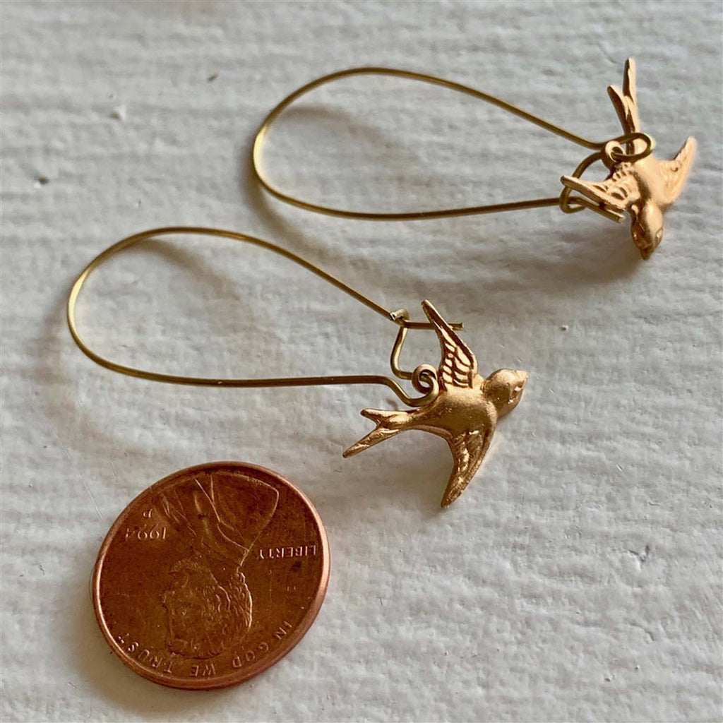 Sparrow Drop Earrings Brass with penny.