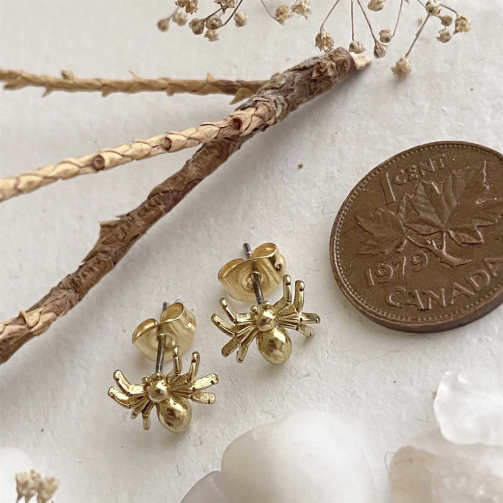 Spider Stud Earrings Brass with penny.