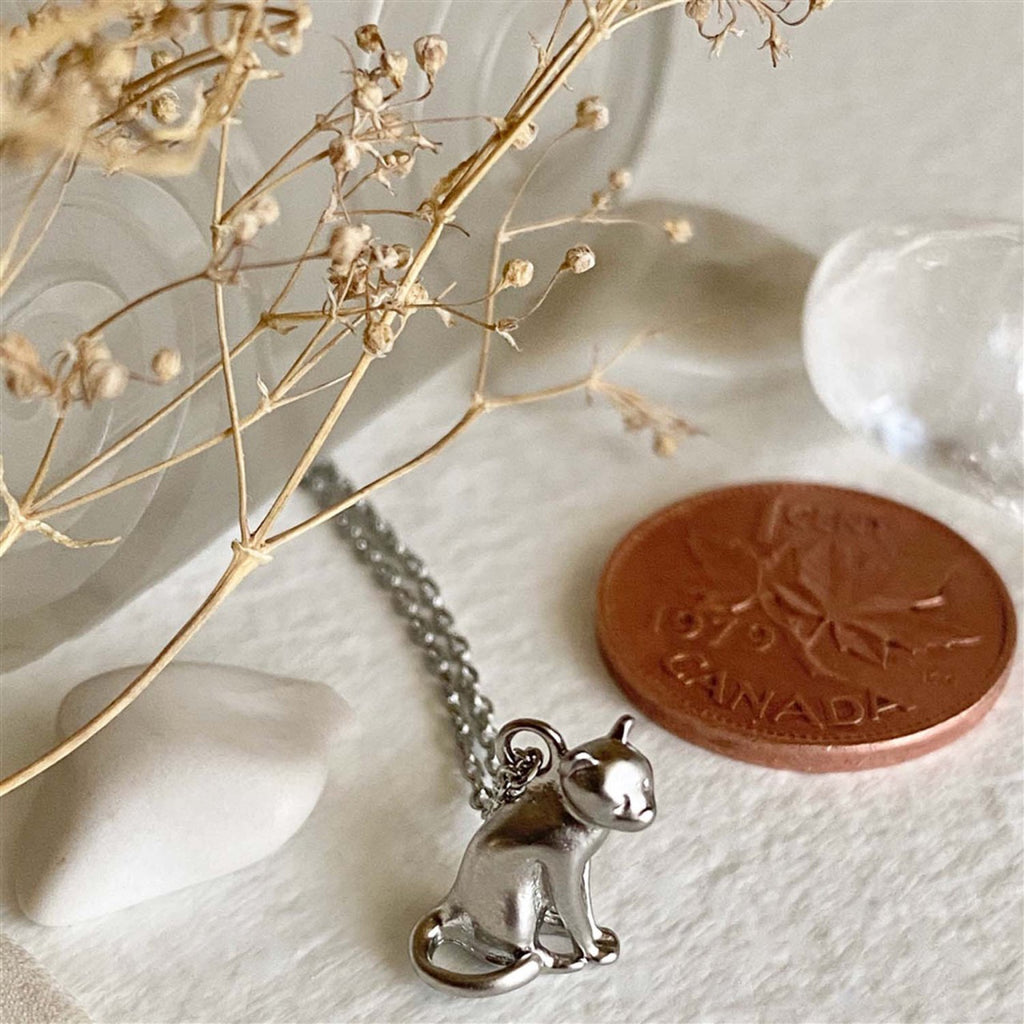 The Thinking Cat Charm Necklace Silver with penny.