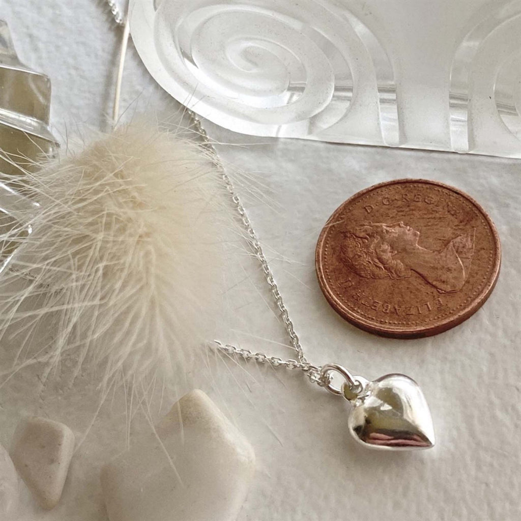 Tiny Heart Charm Necklace Silver besides a penny.