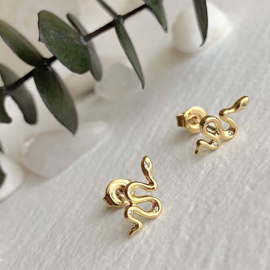 Tiny Rhinestone Snake Stud Earrings Gold alt shot.