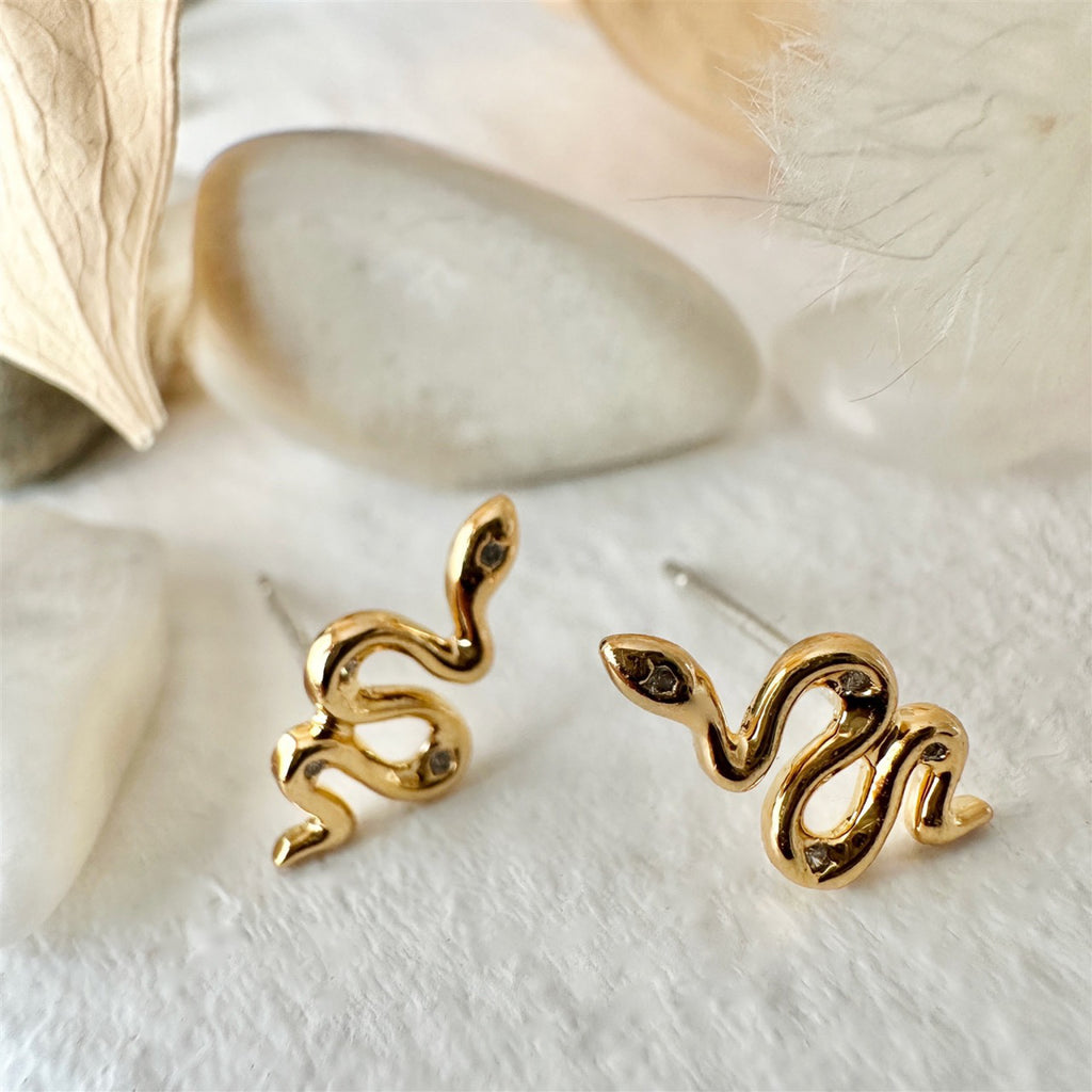 Tiny Rhinestone Snake Stud Earrings Gold.
