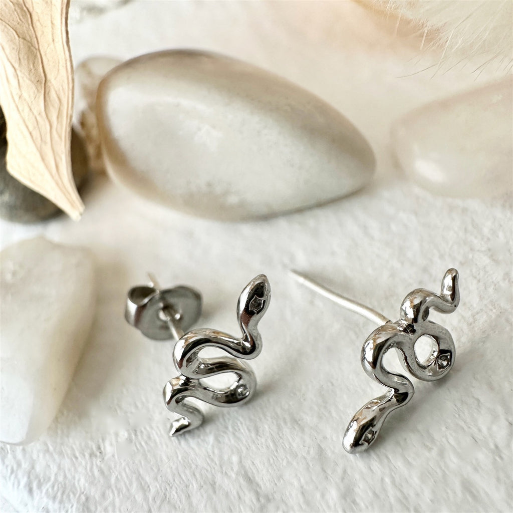 Tiny Rhinestone Snake Stud Earrings Silver.