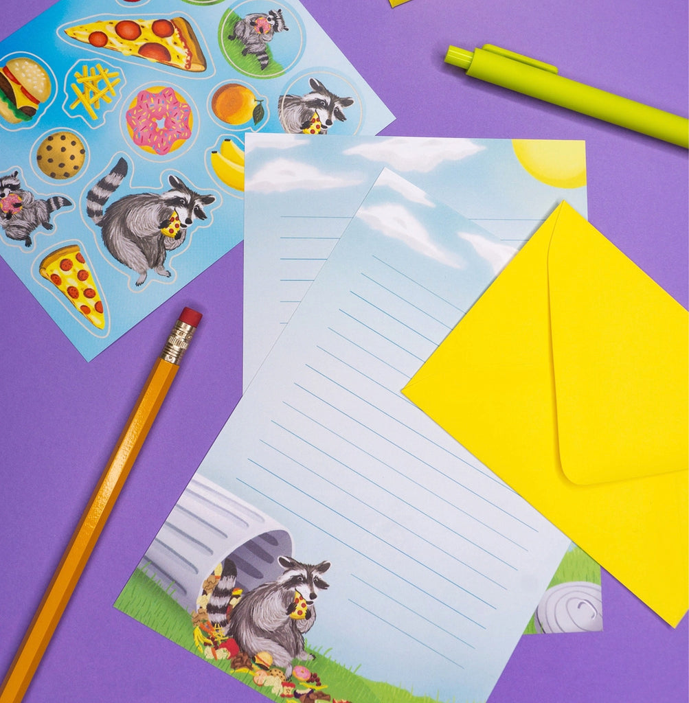 Trash Pizza Raccoon Letter Writing Set on table.