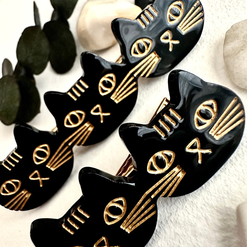 Triple Cat Face Hair Clips Black - black.