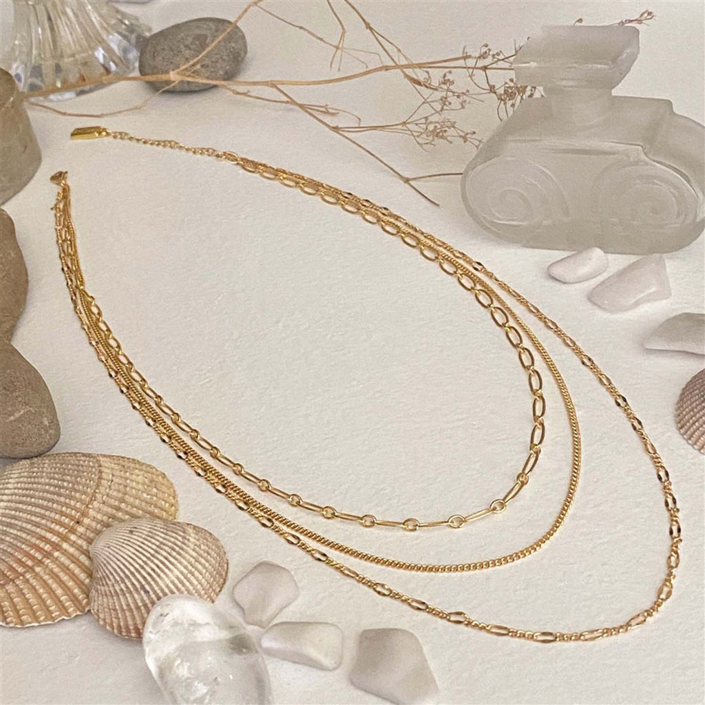 Triple Layer Textured Chain Necklace Gold.