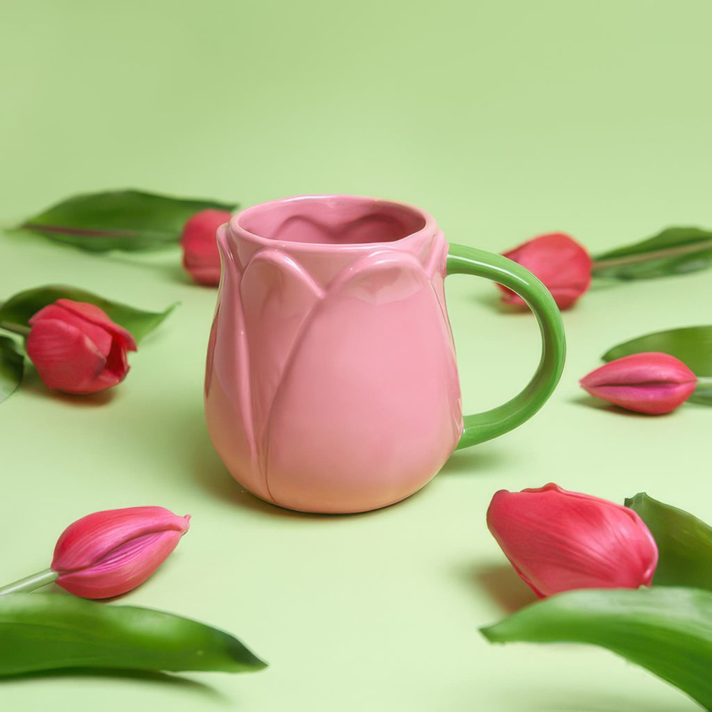 Tulip Mug Pink on table.