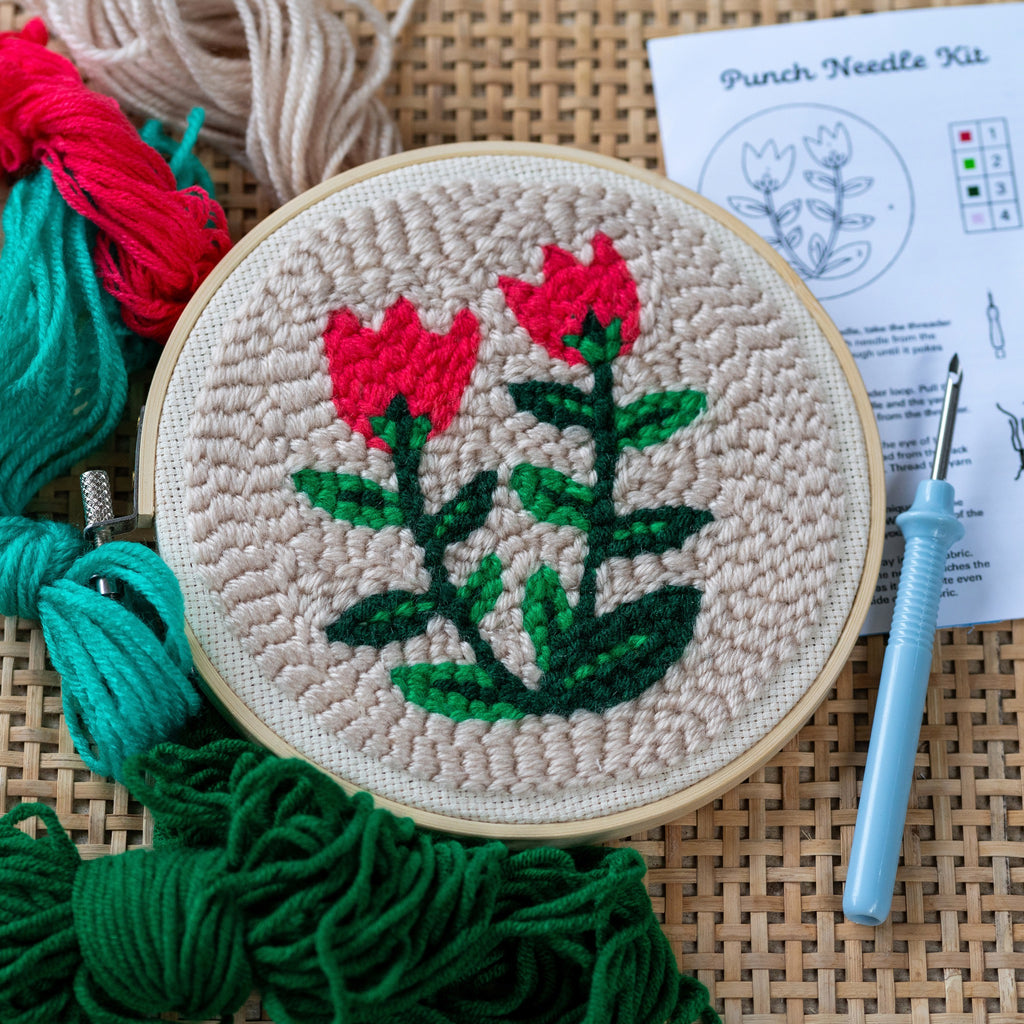 Tulips Punch Needle Kit on table.