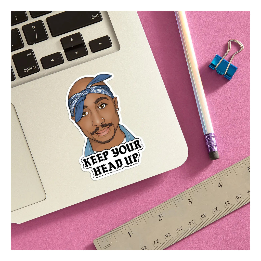 Tupac Keep Your Head Up Die Cut Sticker on computer.