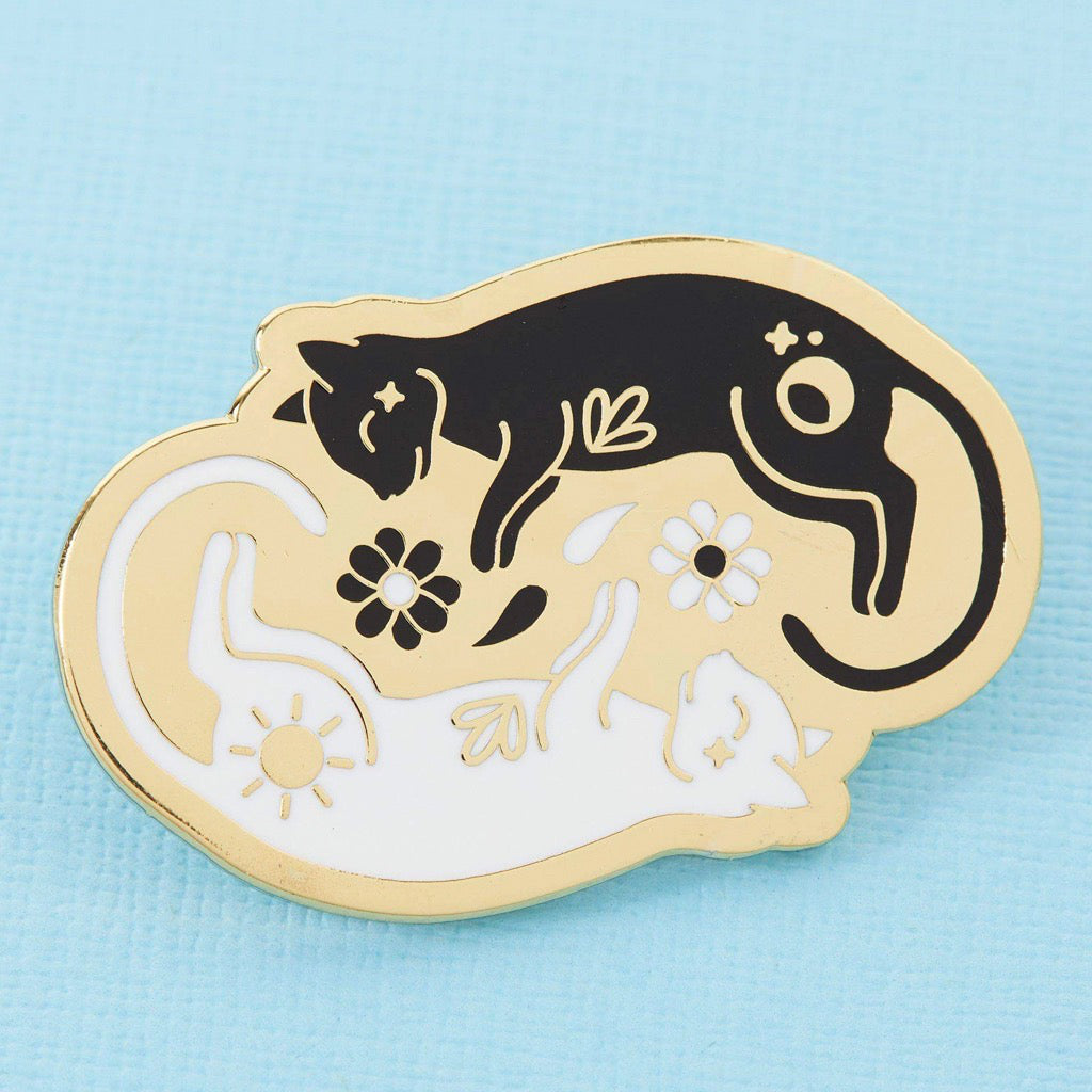 Twin Kitties Enamel Pin Black and White.