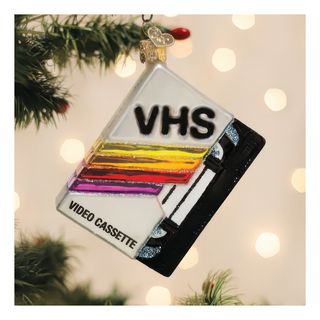 VHS Tape Ornament in tree.