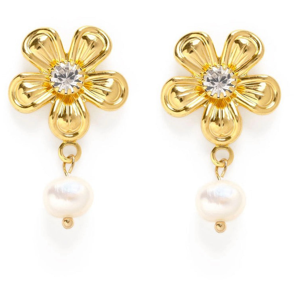 Vintage Flower with Pearl Stud Earrings.