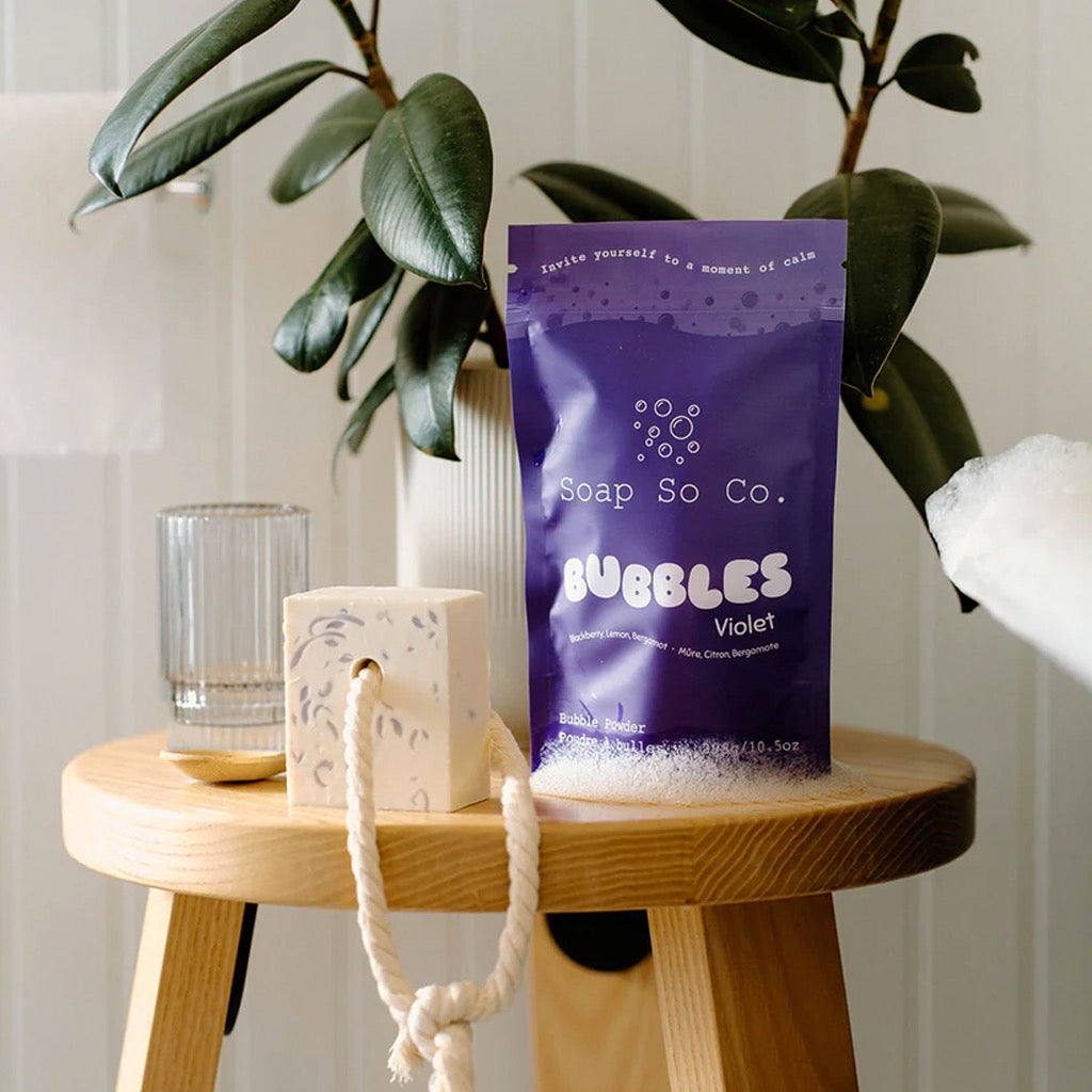 Violet Bubbles on stool.