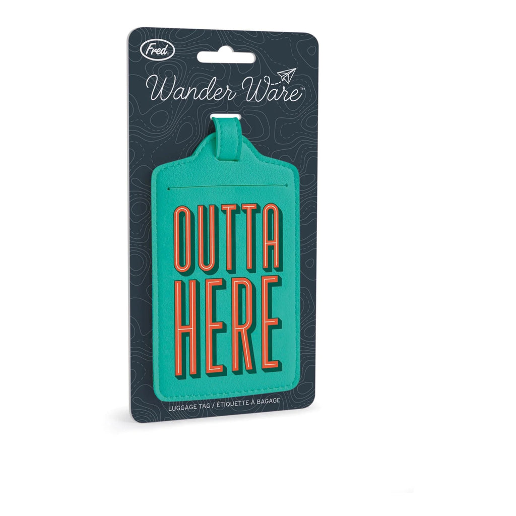 Wander Ware Outta Here Luggage Tag packaging.