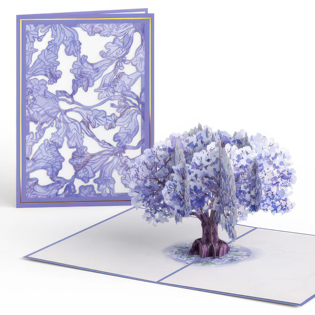 Watercolor Jacaranda Tree Pop-Up Card open and closed.