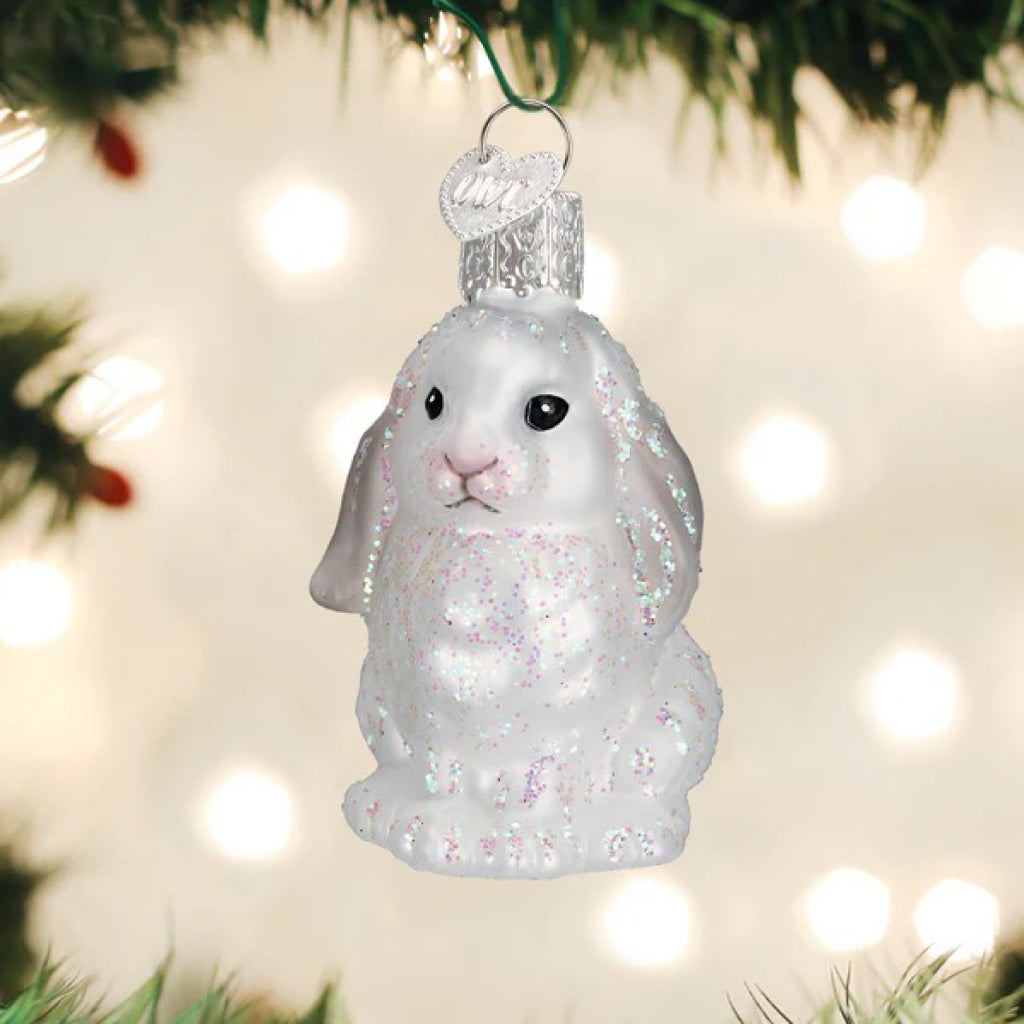 White Baby Bunny Ornament in tree.