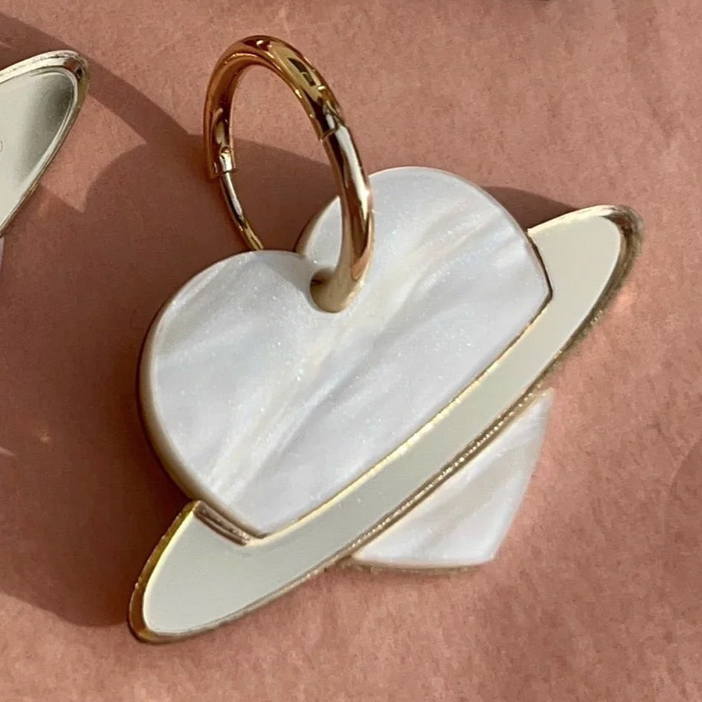 White Planet Heart Earrings.