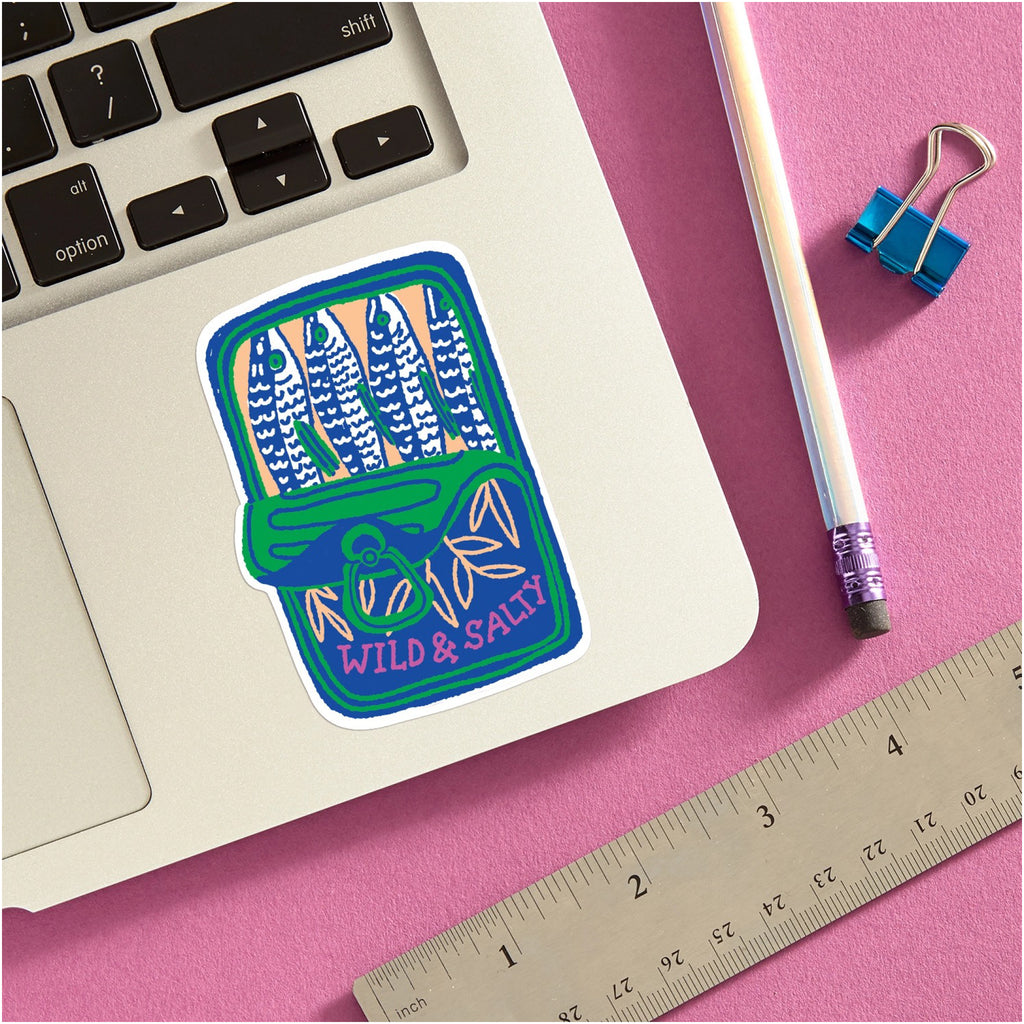 Wild & Salty Sardines Die Cut Sticker on computer.