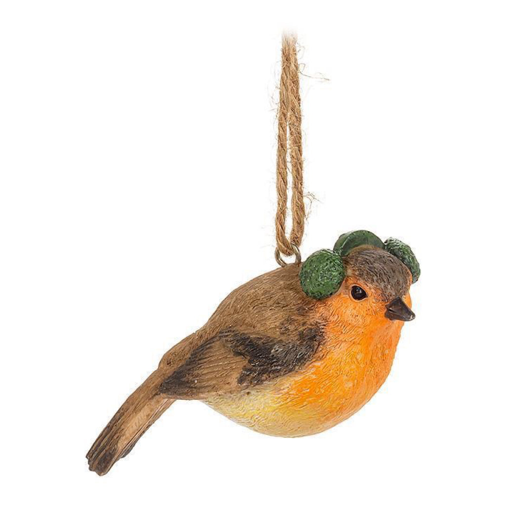 Winter Dress Bird Ornament with ear muffs.