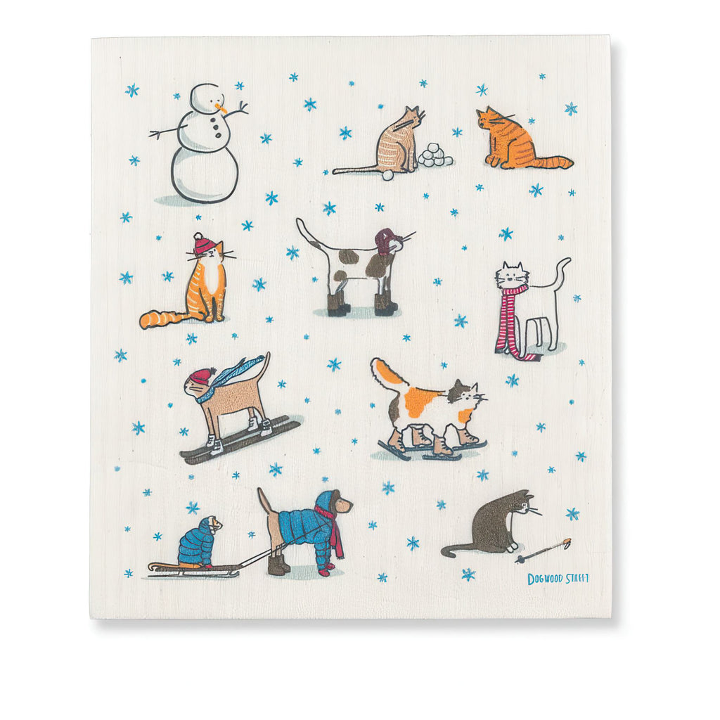 Winter Sports Cats Swedish Dishcloth.