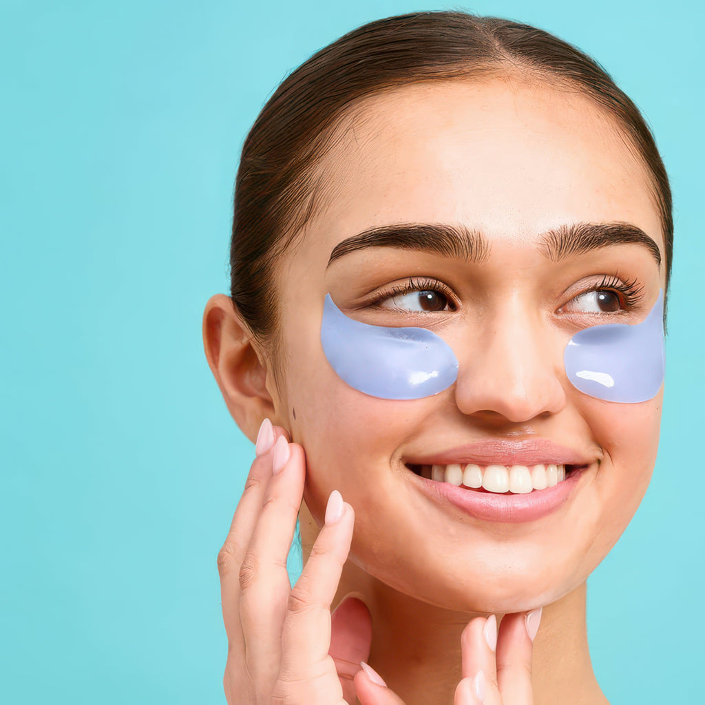 Woman wearing Serve Chilled On Ice Firming Eye Gels Single.