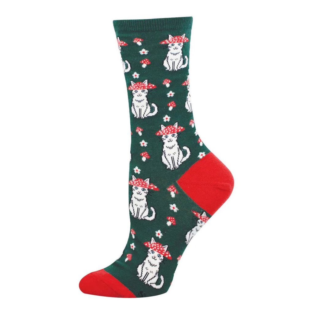 Women's Mushroom Cat Socks Green.