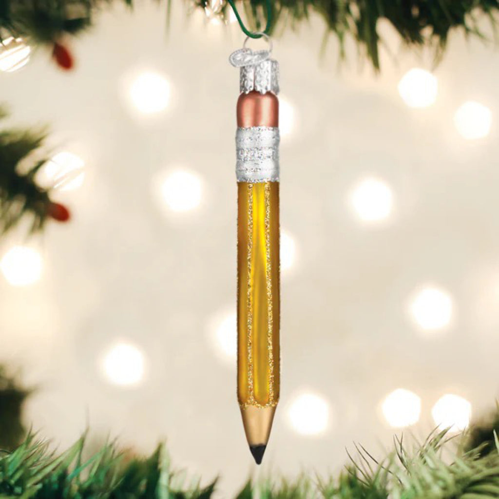 Yellow Pencil Ornament in tree.