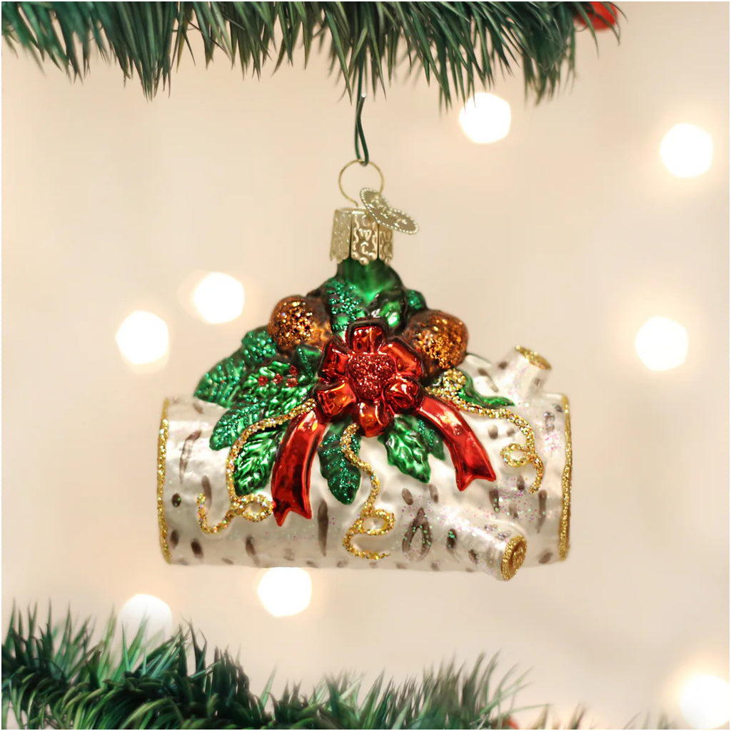 Yule Log Ornament in tree.