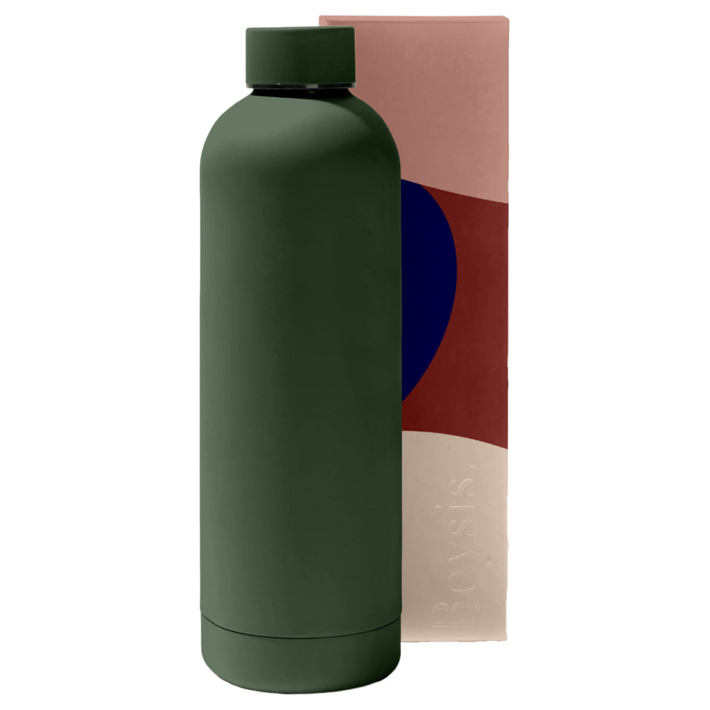 1L olive Beysis water bottle with packaging.