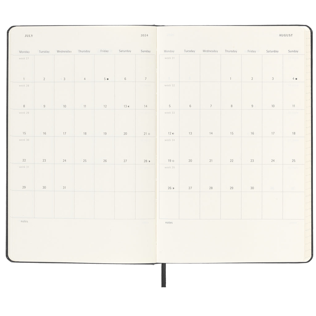 2024 Weekly Notebook Planner 12 Month Large Black Hard Cover calendar spread.