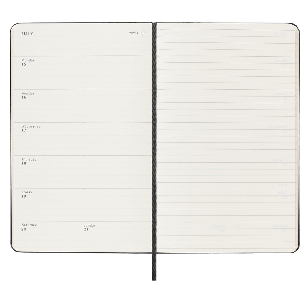 2024 Weekly Notebook Planner 12 Month Large Black Hard Cover schedule spread.