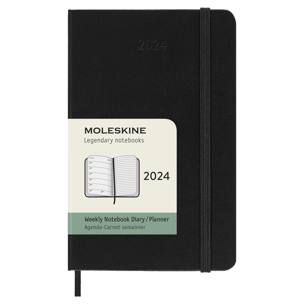 2024 Weekly Notebook Planner 12 Month Pocket Black Hard Cover.