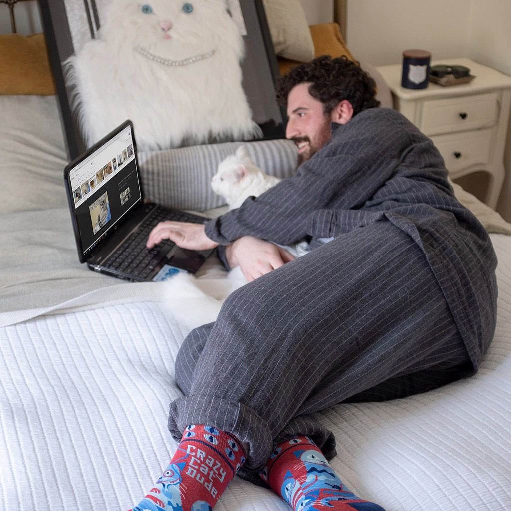 Lifestyle shot of Crazy Cat Dude Men's Socks.