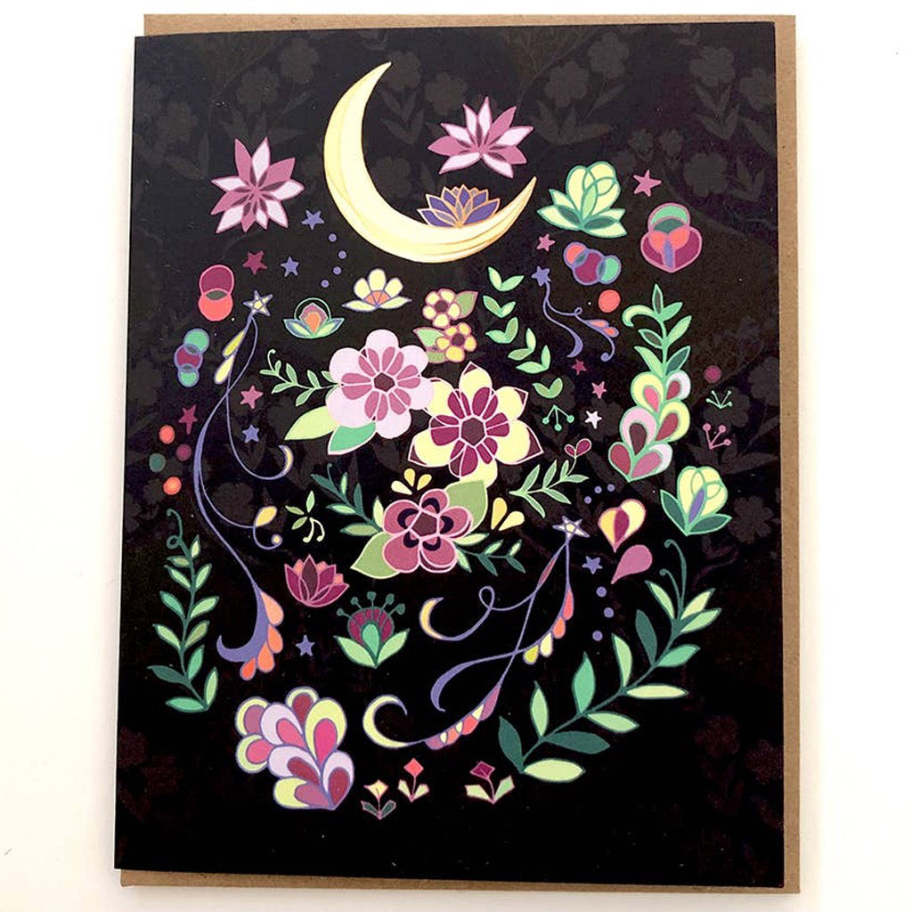 Crescent Moon & Flowers On Black Card