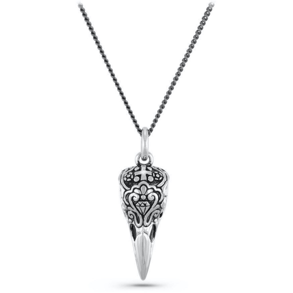 Day of the Dead Raven Skull Silver Necklace
