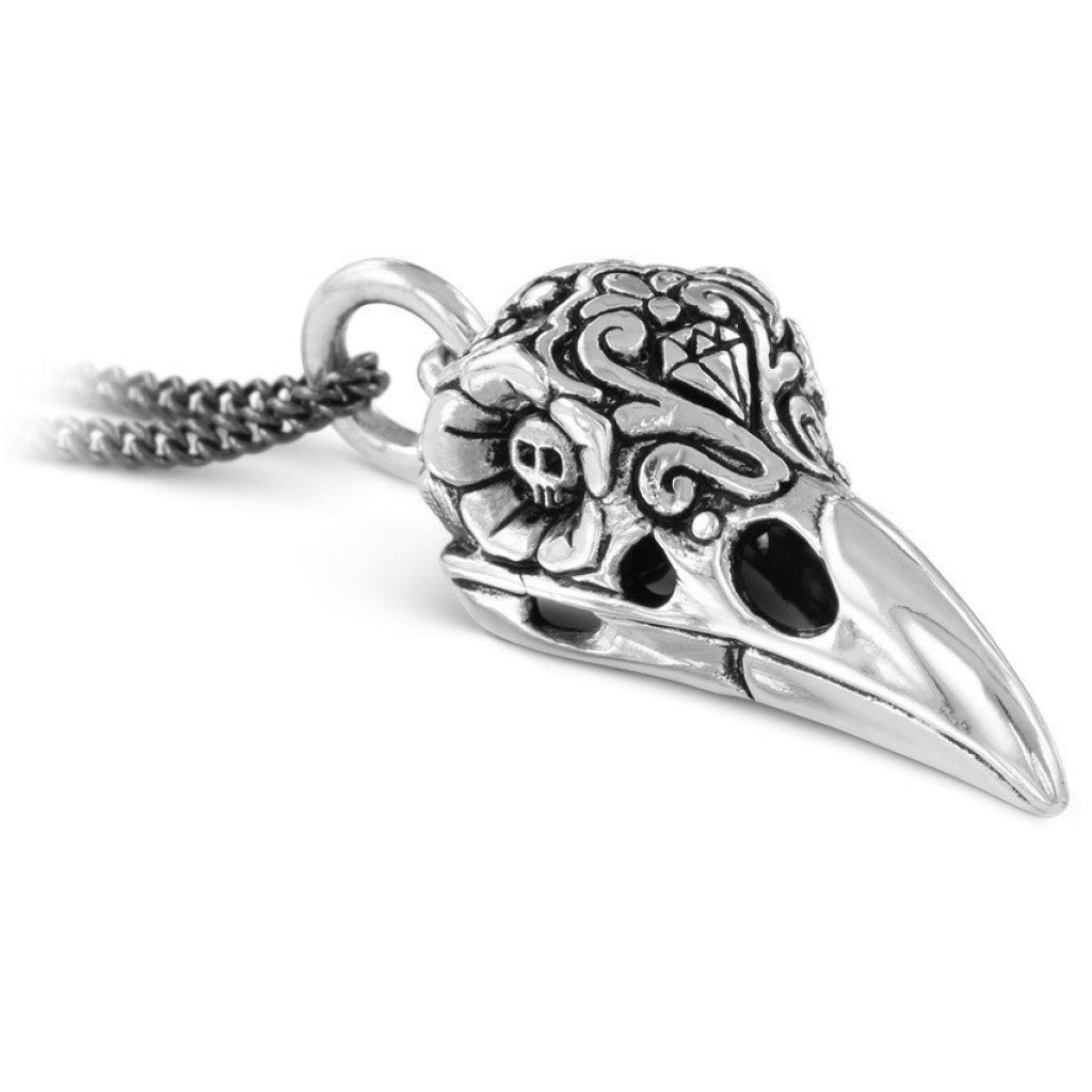 Day of the Dead Raven Skull Silver Necklace Closeup