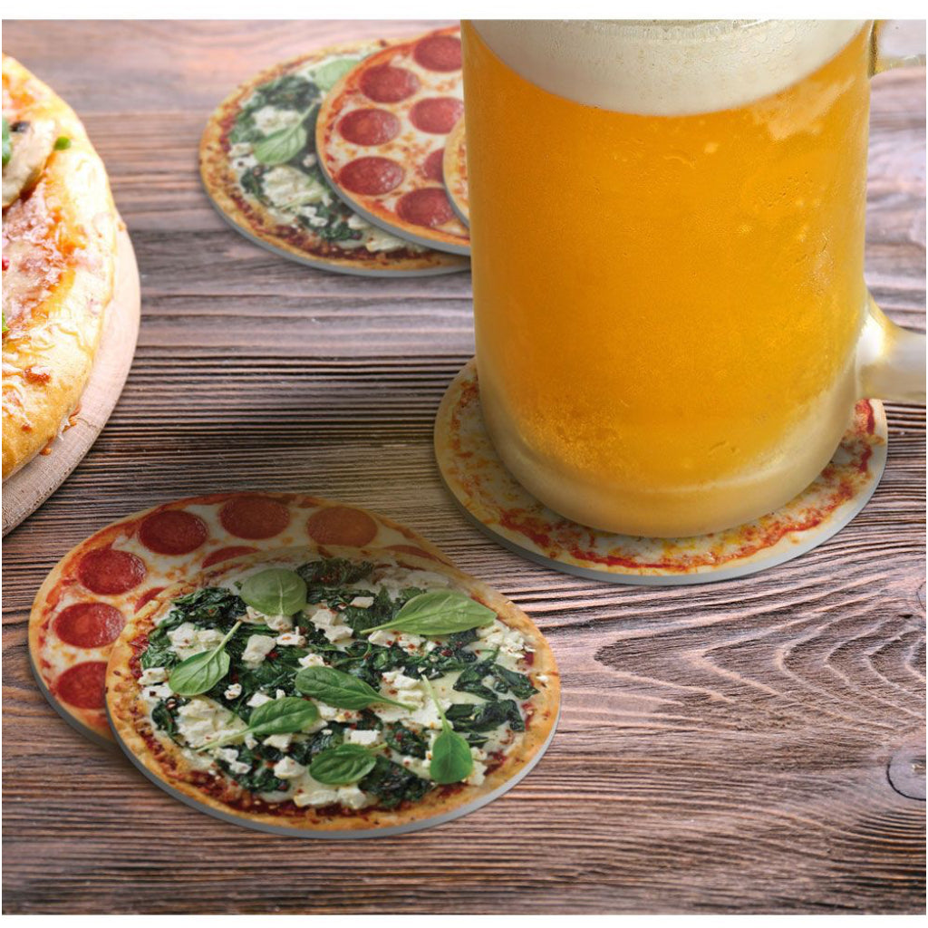 Hot & Fresh Pizza Coasters and beer.