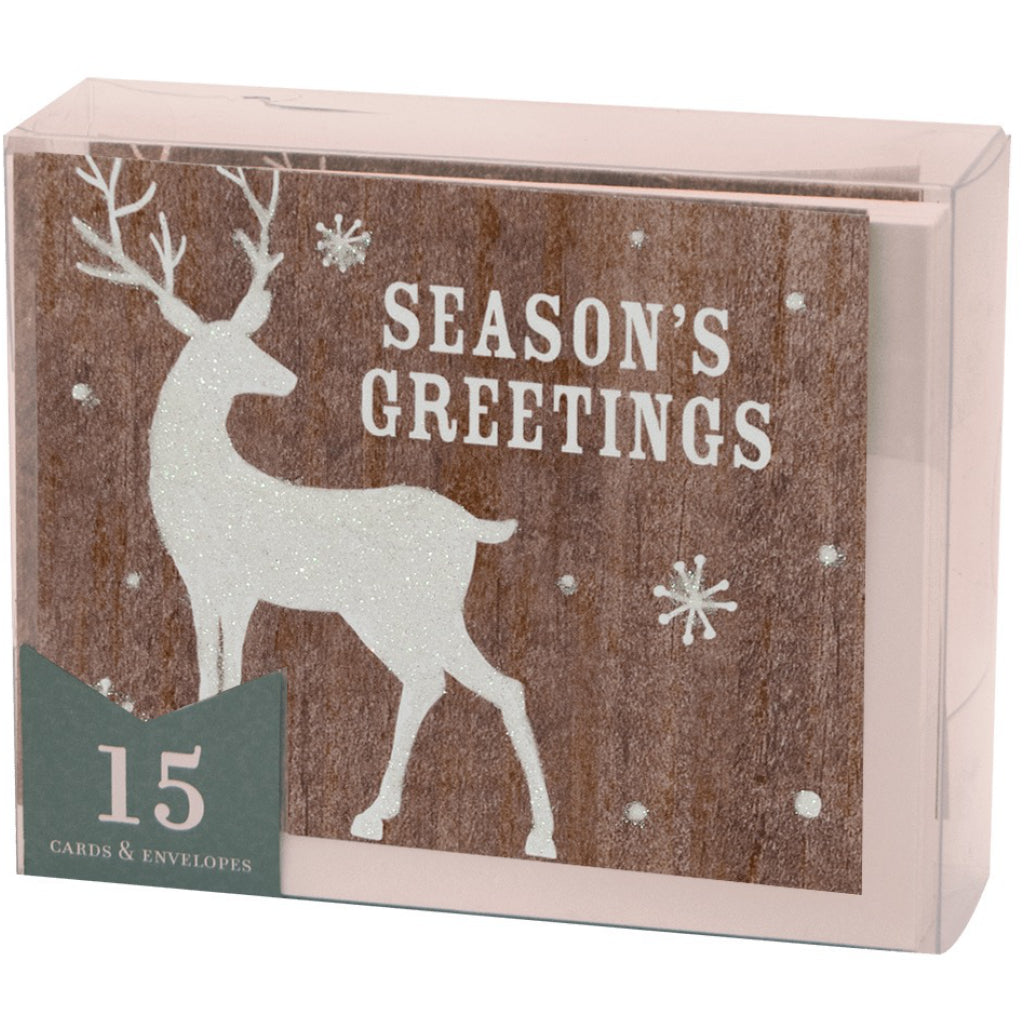 Packaging of Glittered Deer Boxed Christmas Cards.