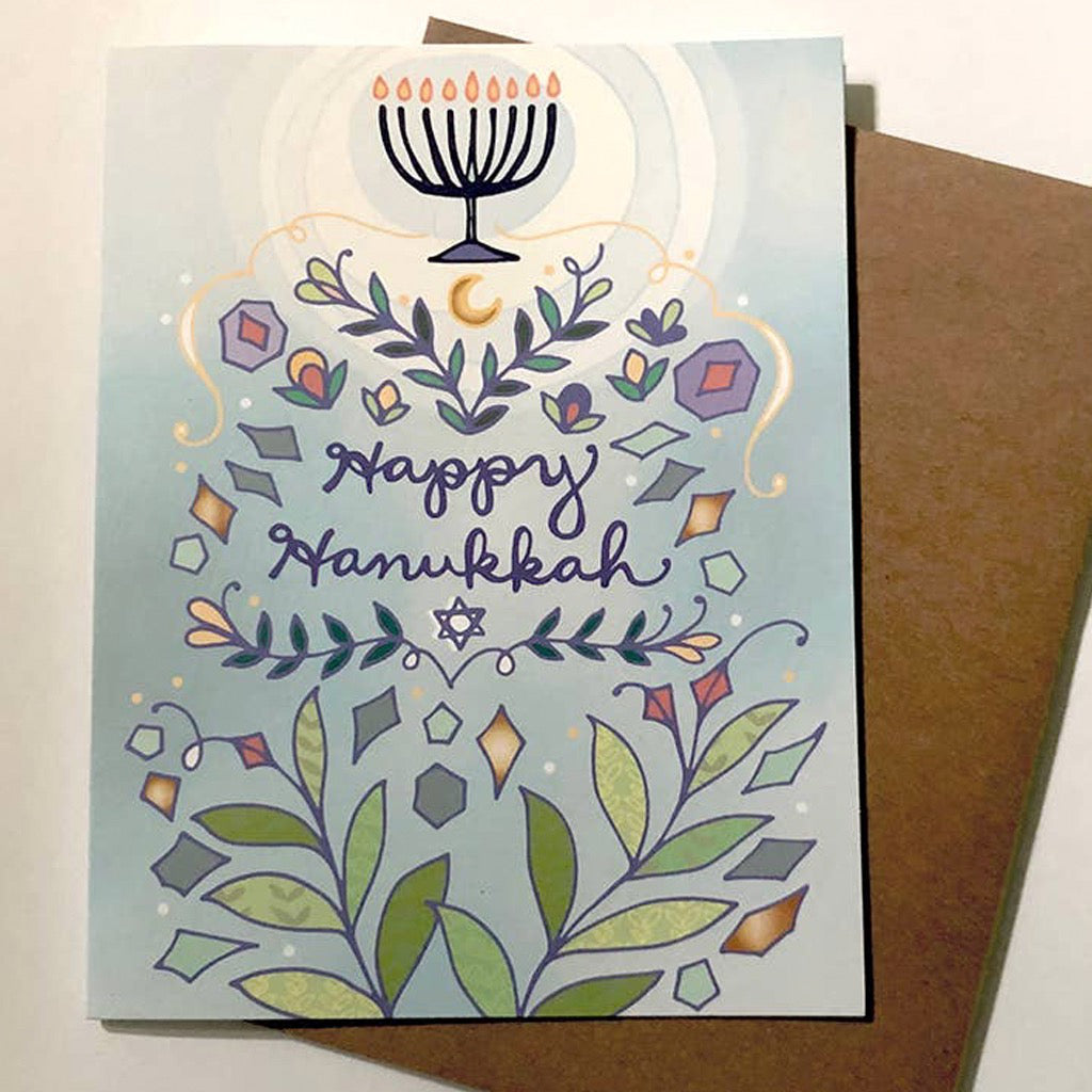 Happy Hanukkah Menorah & Flowers Card
