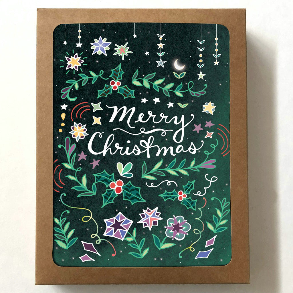 Merry Christmas Starry Greens Boxed Holiday Cards