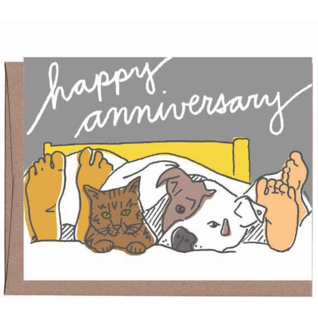 Pets In Bed Anniversary Card