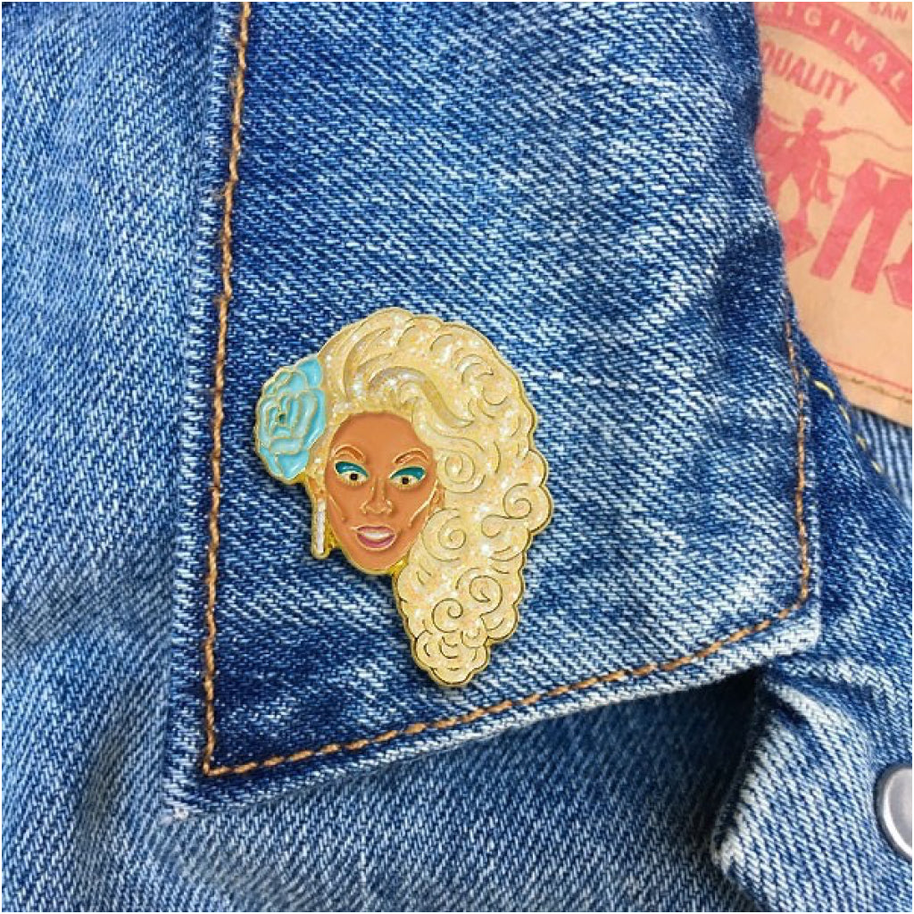 RuPaul With Blue Flower Enamel Pin Lifestyle