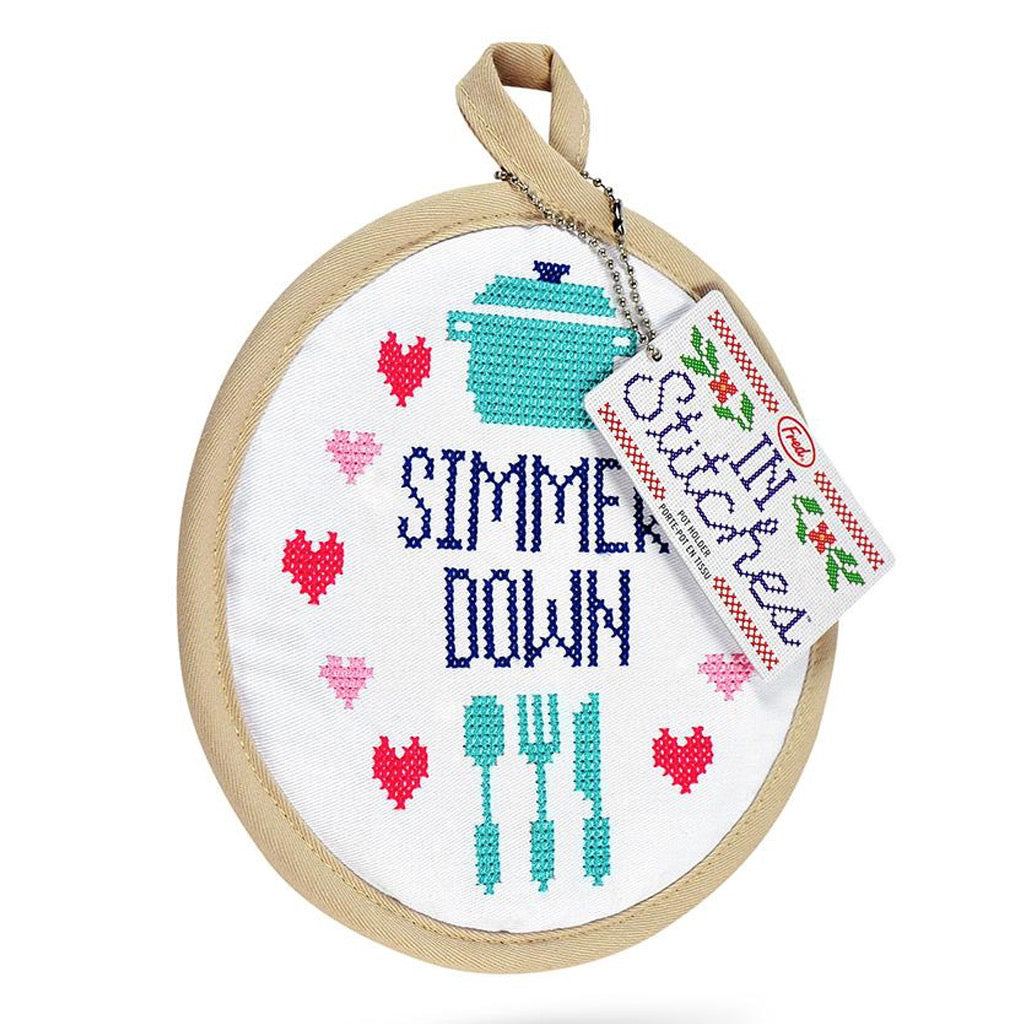 Simmer Down In Stitches Potholder Hang tag