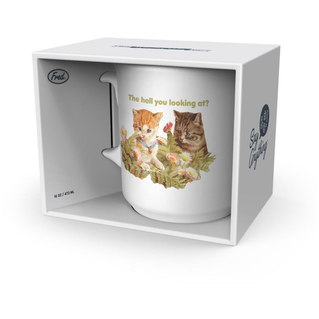 Packaging of The Hell You Looking At Cats Mug.