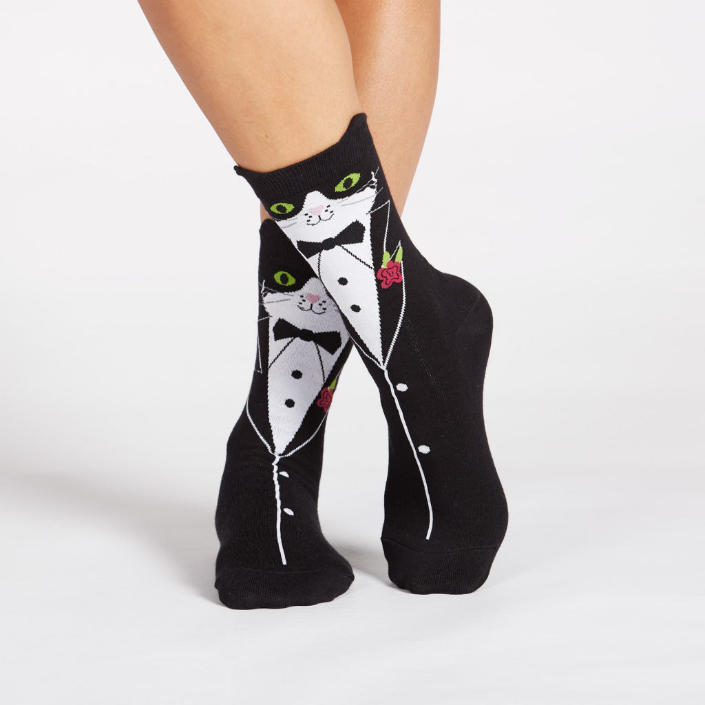 Front view of Tuxedo Cat Women's Crew Socks.