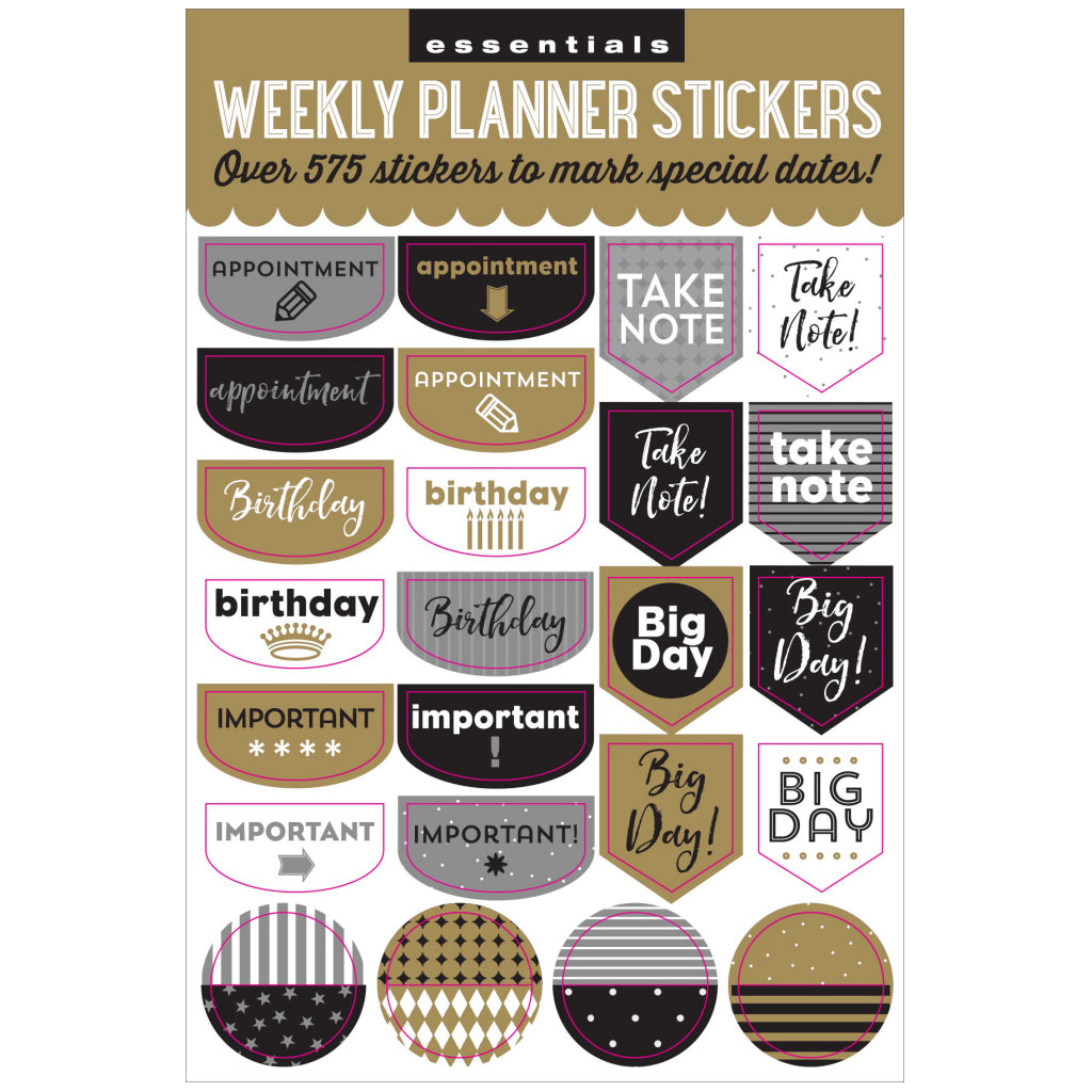 Packaging of Weekly Planner Stickers Black & Gold.