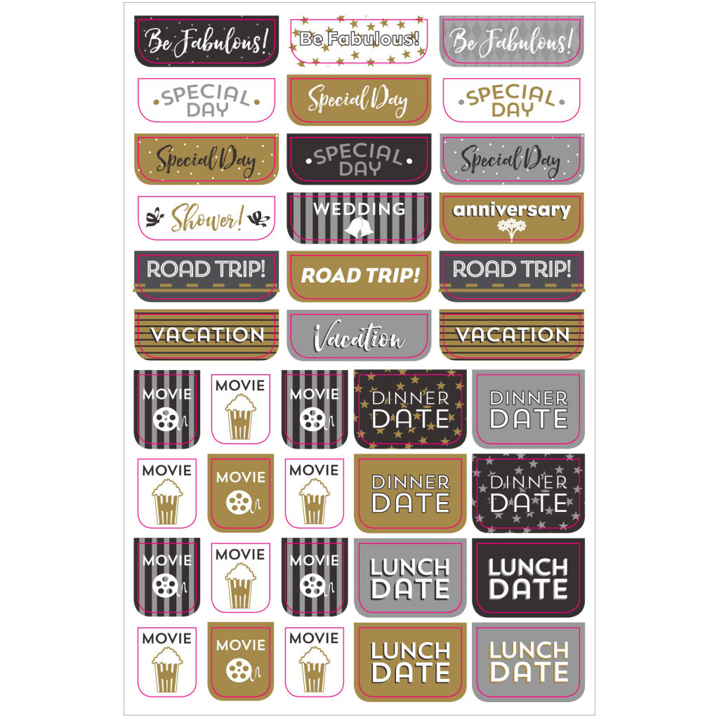 Inside of Weekly Planner Stickers Black & Gold.