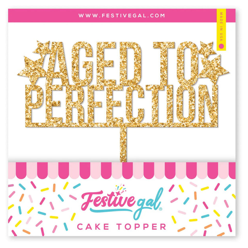 Aged to Perfection Birthday Gold Glitter Cake Topper.