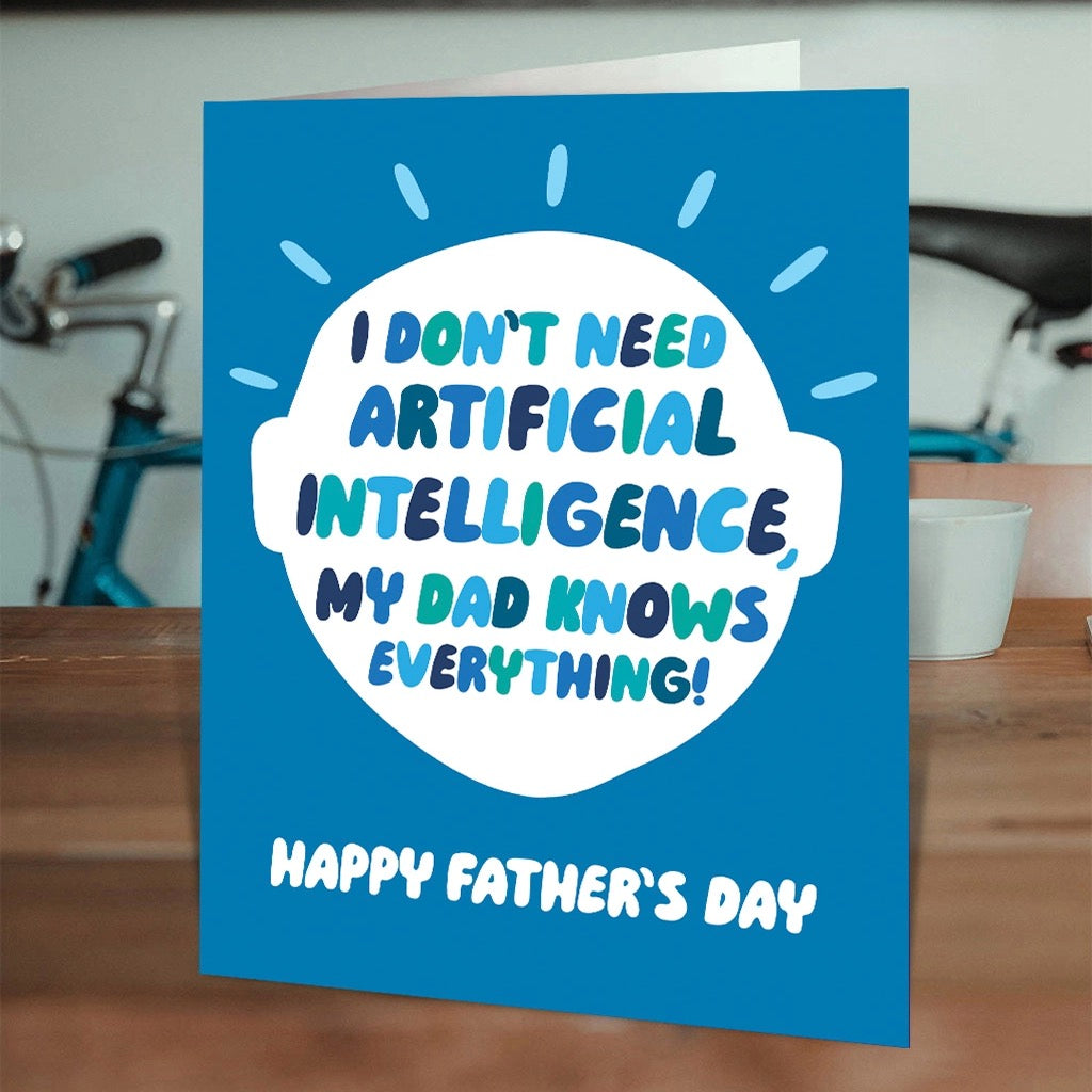 AI Dad Knows Everything Father's Day Card on table.