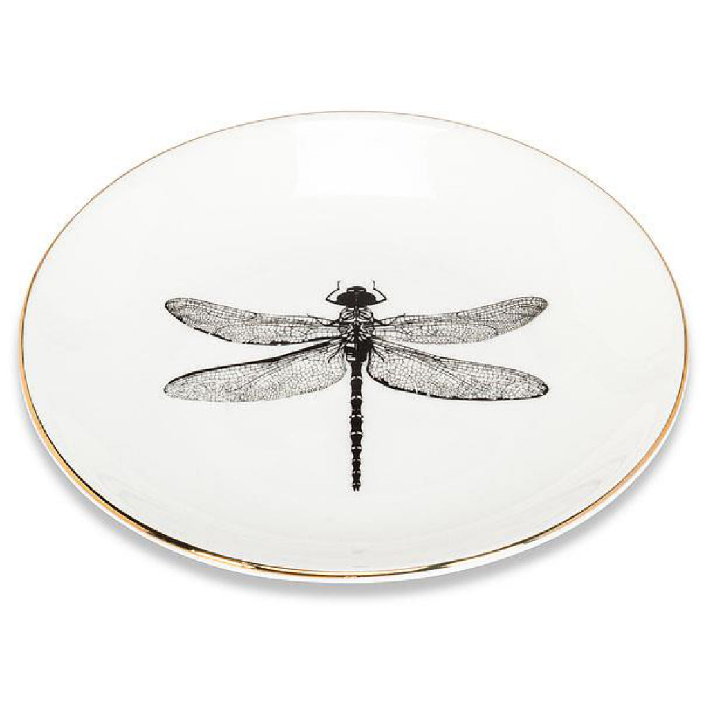 Angle view of Dragonfly Small Dish with Gold Rim.